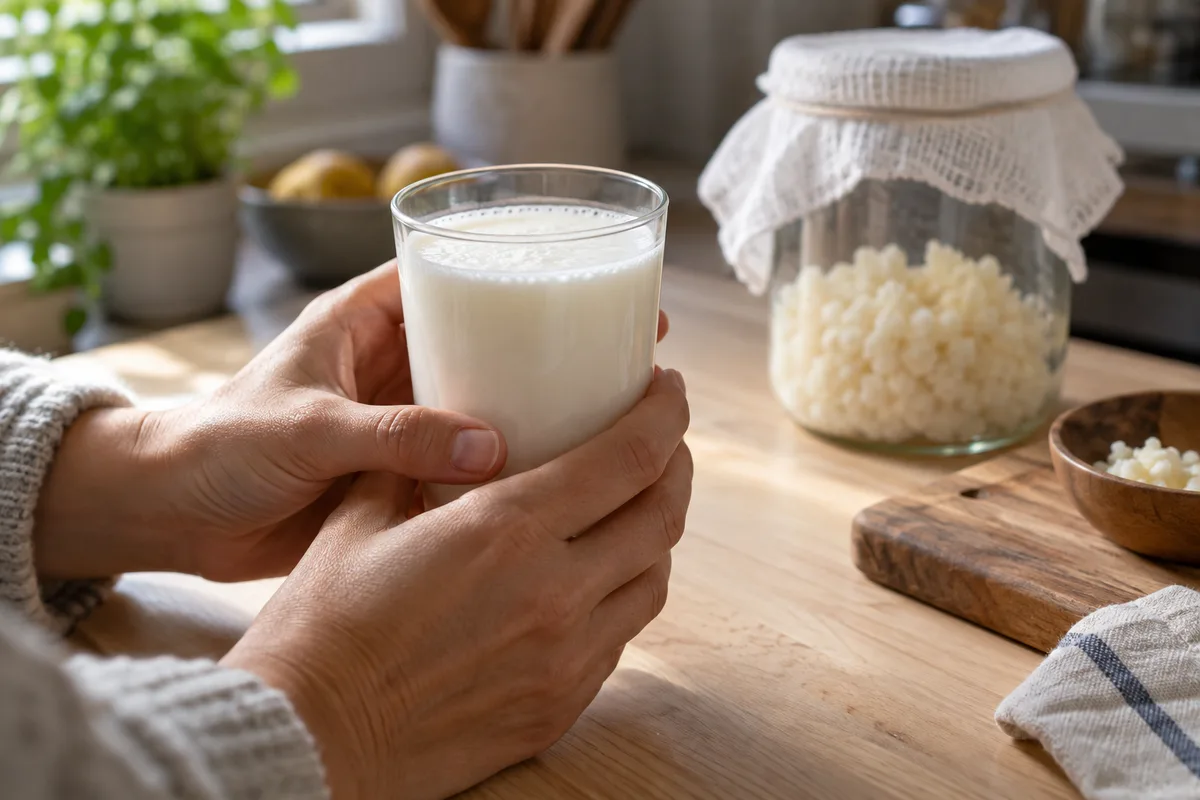 Mains tenant un verre de kéfir de lait au-dessus d’un plan de travail en bois