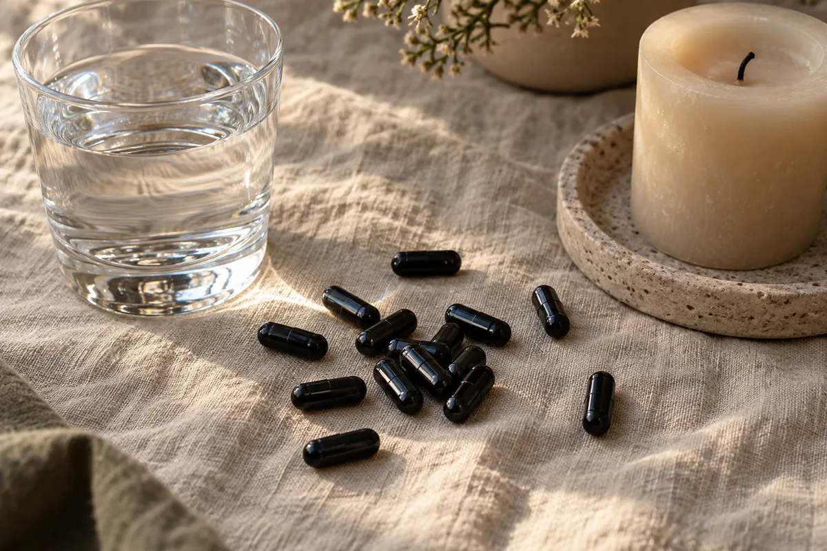 Gélules noires opaques éparpillées à côté d’un verre d’eau sur une nappe en lin