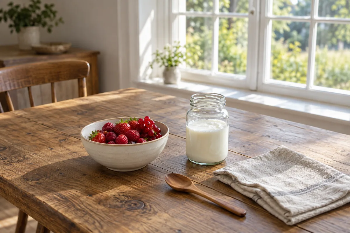 Table de petit-déjeuner avec bol de fruits rouges, pot de kéfir en verre et cuillère en bois