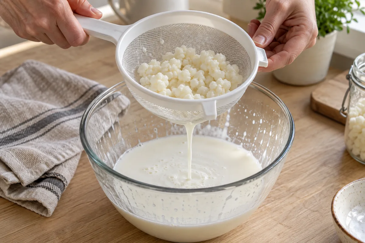 Mains filtrant des grains de kéfir dans une passoire au-dessus d’un bol
