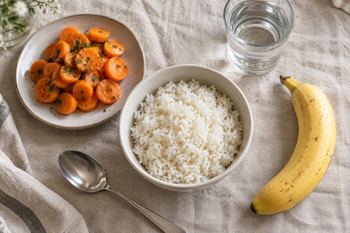 Bol de riz, banane et verre d’eau sur une nappe en lin