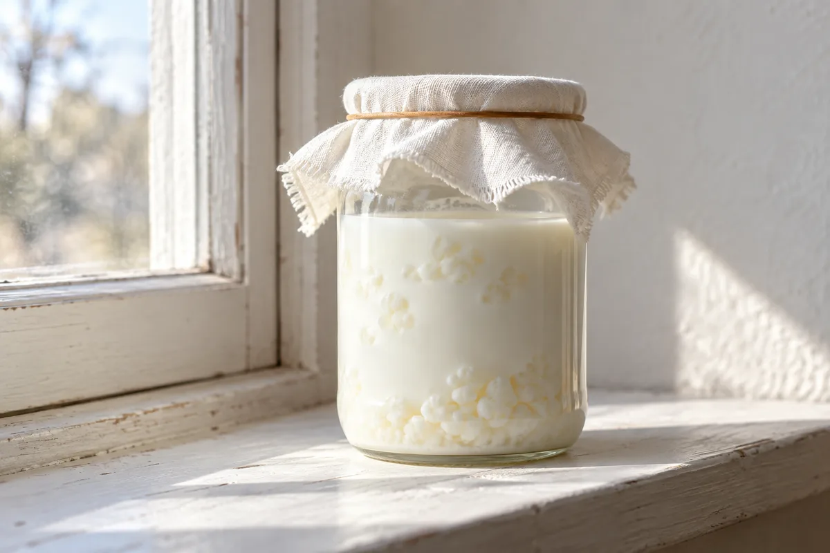 Bocal de kéfir de lait couvert d’un tissu sur un rebord de fenêtre