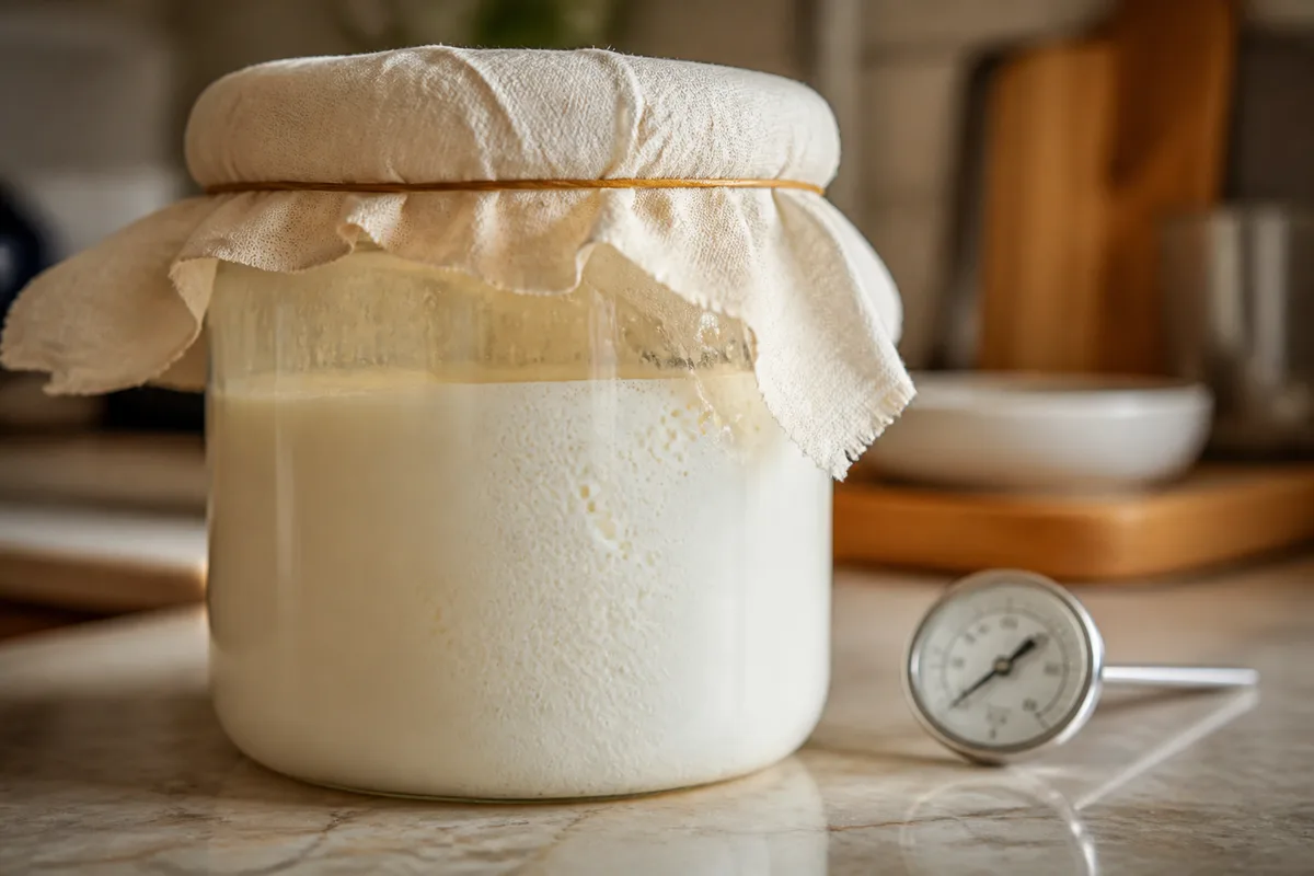 Bocal de kéfir de lait en cours de fermentation sur un plan de travail