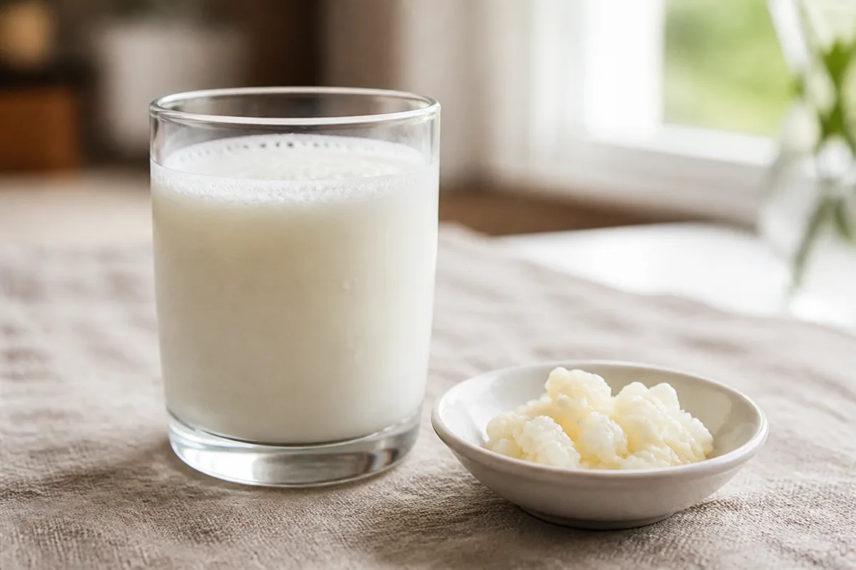 Verre de kéfir de lait légèrement effervescent posé près de grains