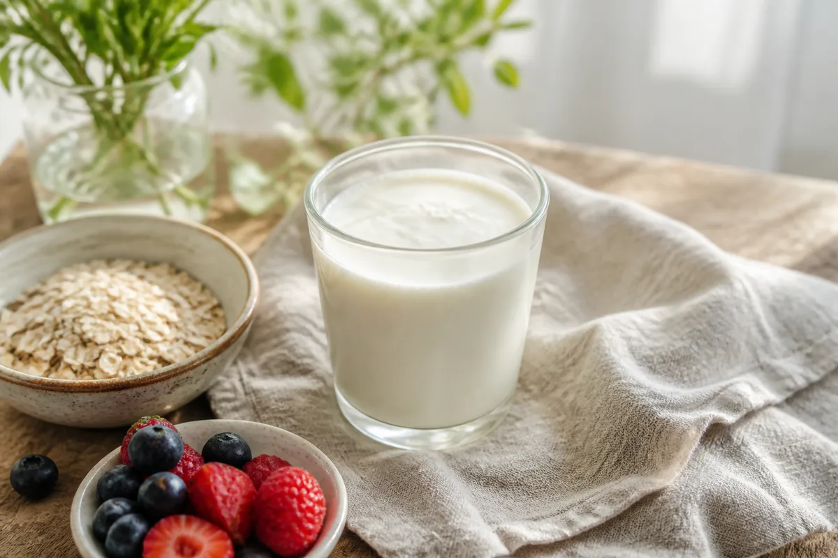 Verre de kéfir servi à côté d&rsquo;un petit déjeuner simple