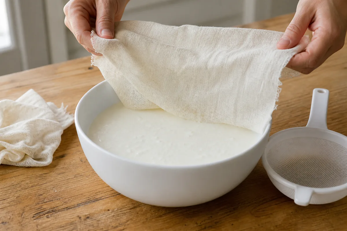 Bol de kéfir de lait fraîchement filtré à côté d’une passoire et d’un torchon de lin sur un plan de travail en bois