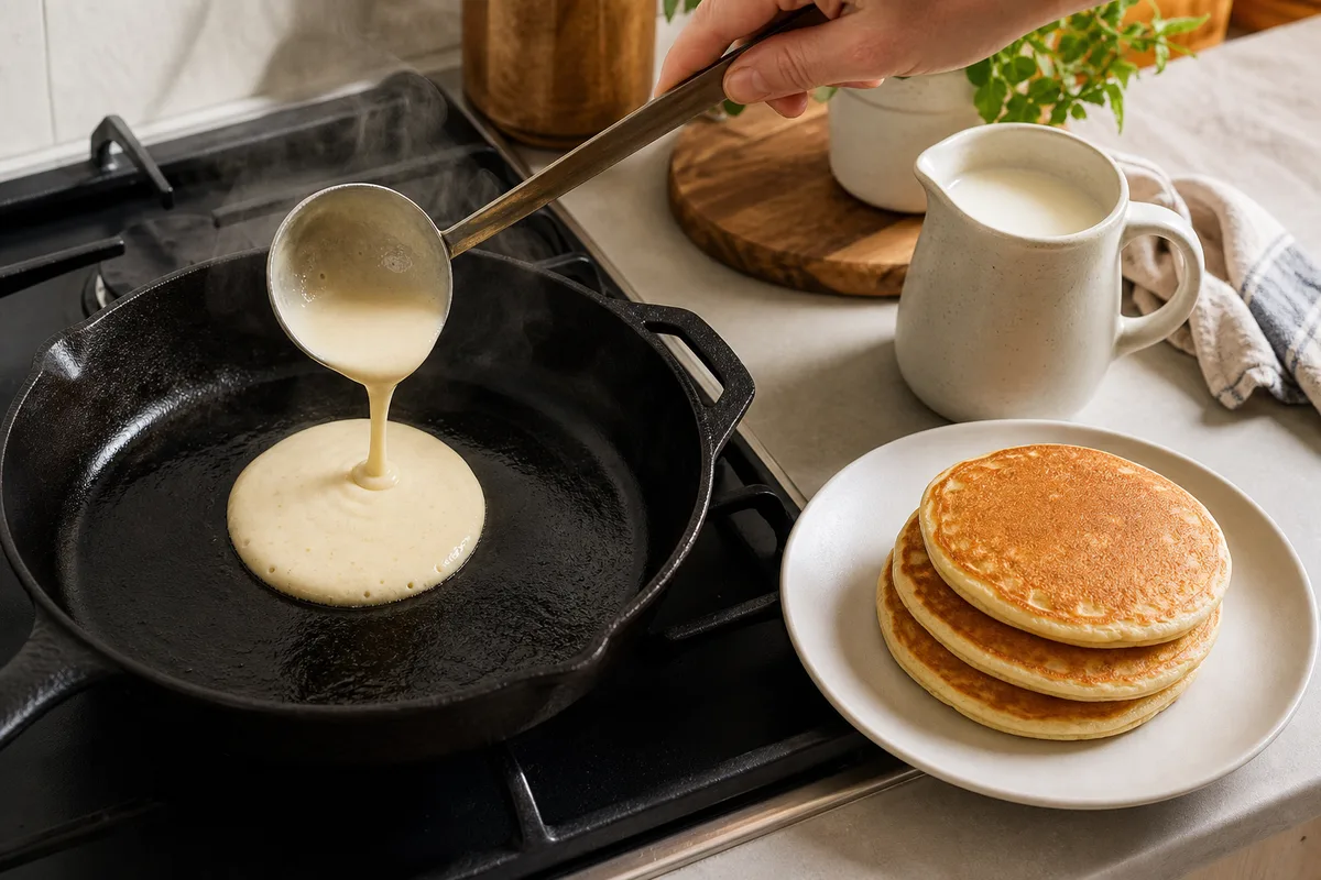 Pâte à pancakes versée dans une poêle en fonte, pichet de kéfir de lait à côté, lumière de cuisine naturelle